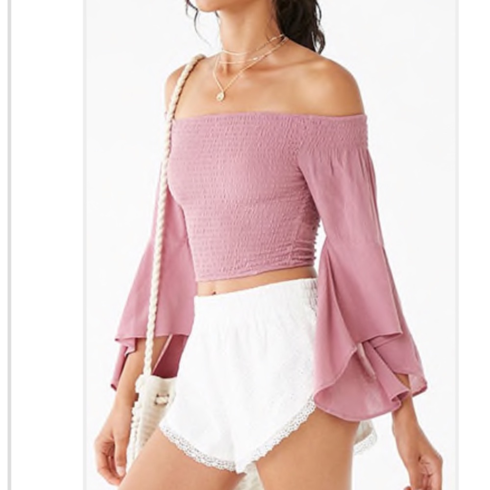 Smocked Bell Sleeve Off-The-Shoulder Top